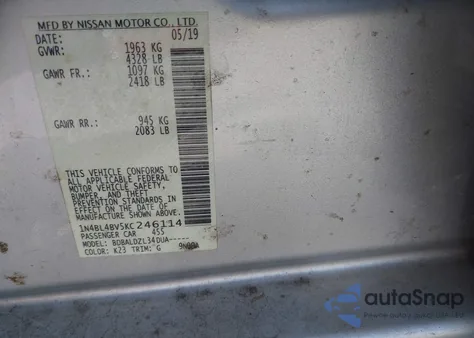 2019 Nissan Altima 2.5 S z USA, uszkodzony, nr VIN 1N4BL4BV5KC246114